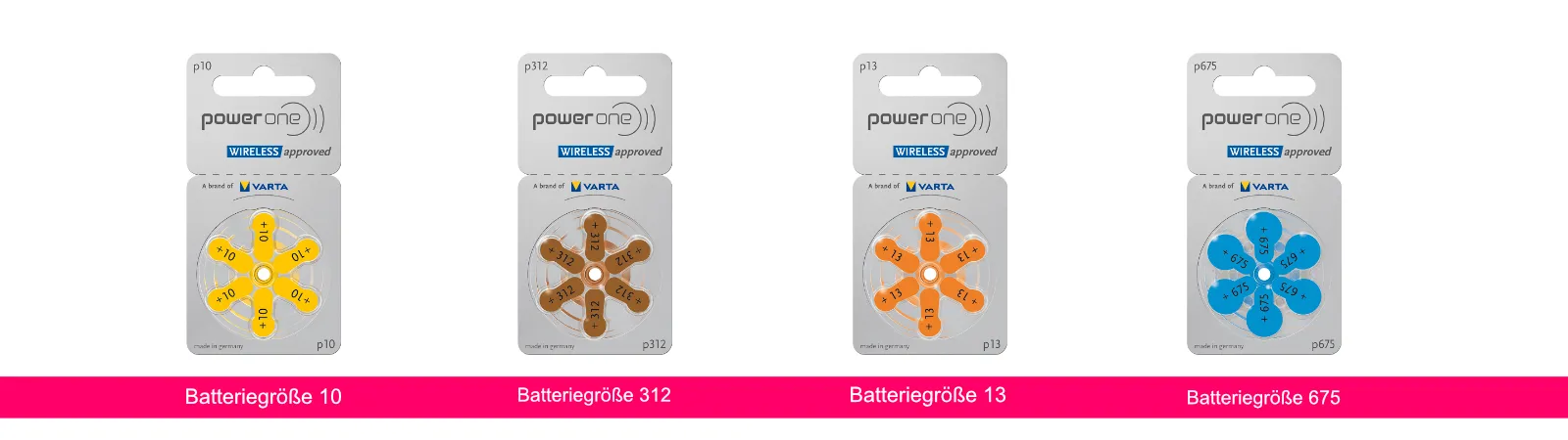 Hörgerätebatterien der Größen 675, 13, 312 und 10 nebeneinander